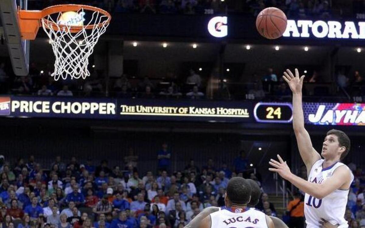 
Svi Mykhailiuk (center), hitting a shot against TCU in the Big 12 Tournament in March, played sparingly last year as a freshman at Kansas. But he is looking forward to an improved sophomore season.
