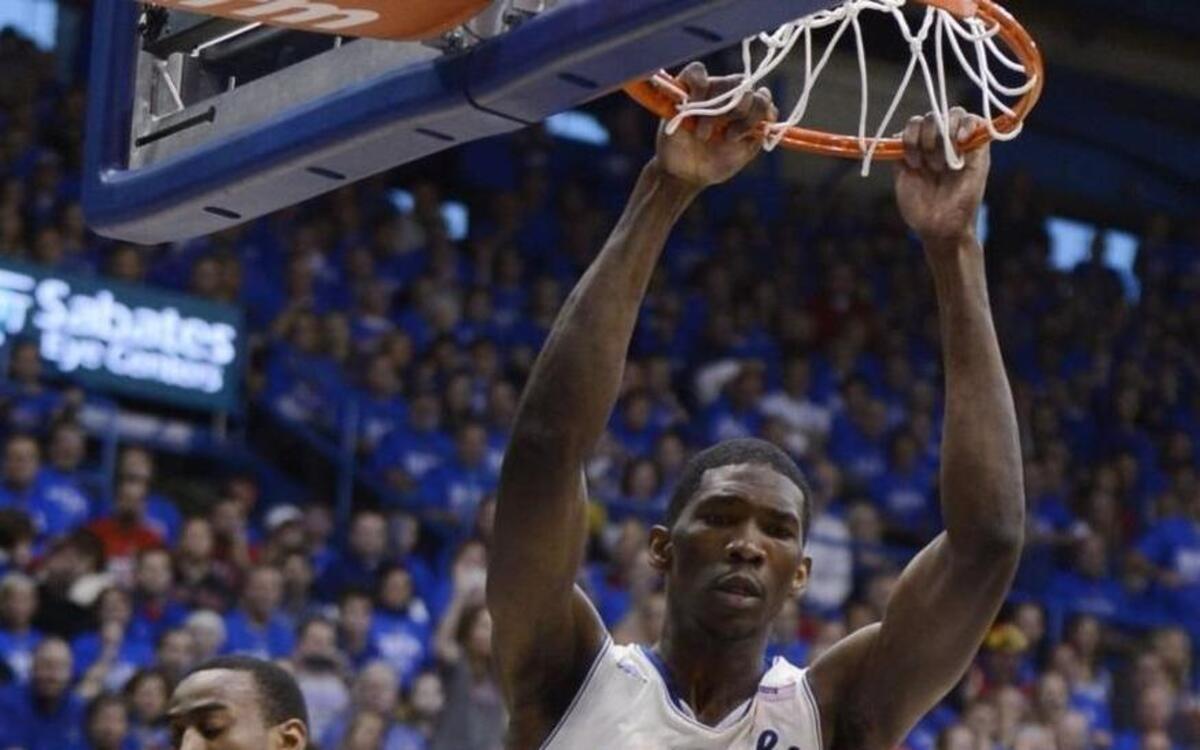 
Kansas coach Bill Self says Joel Embiid (above) hasn’t made the progress the Philadelphia 76ers had hoped for in his recovery from foot surgery, but Embiid has not suffered a setback.
