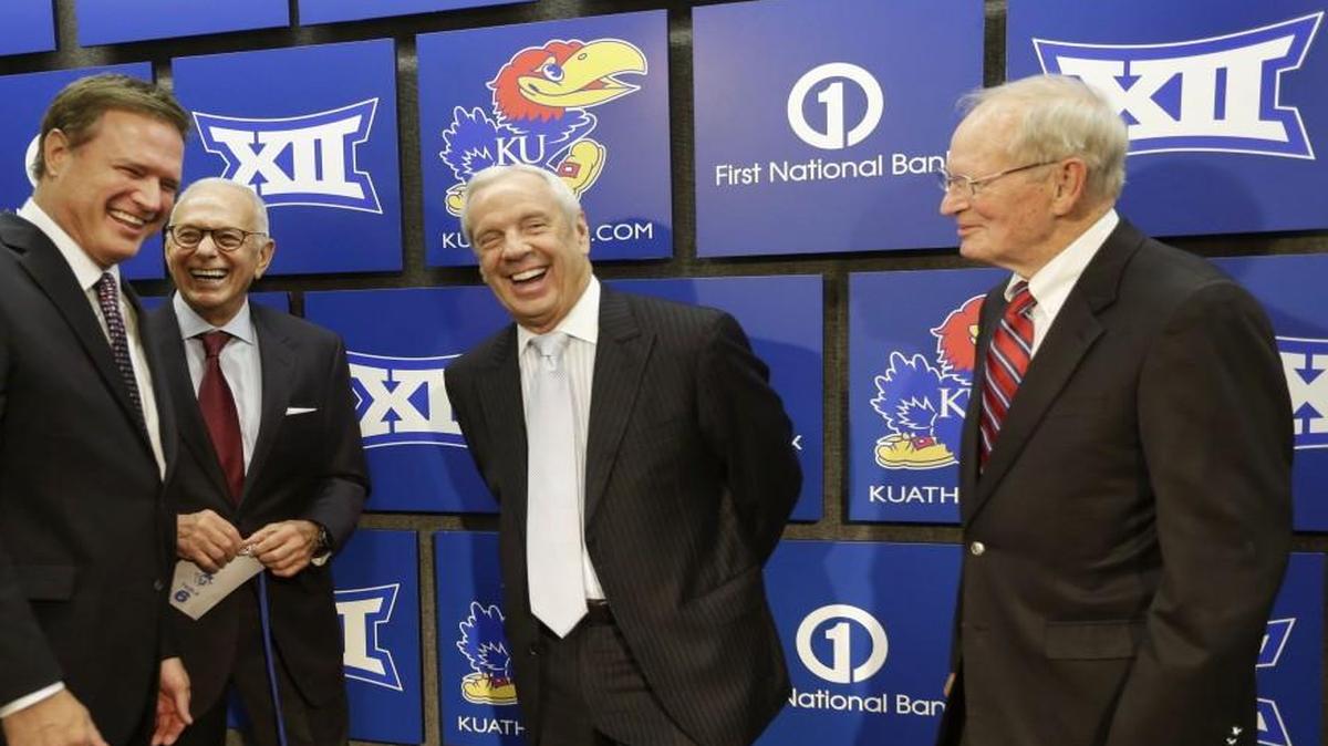 Former Kansas basketball coach Ted Owens, right, shared a few laughs with (from left) Bill Self, Larry Brown and Roy Williams during the 60th anniversary celebration of Allen Fieldhouse in fall 2014.
