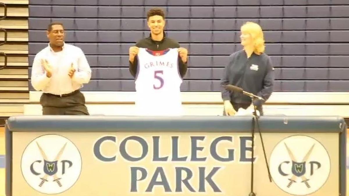 Guard Quentin Grimes of College Park High School in The Woodlands, Texas, who sat with his parents at a signing ceremony at his high school, displayed a No. 5 Kansas jersey when he made his college choice known.