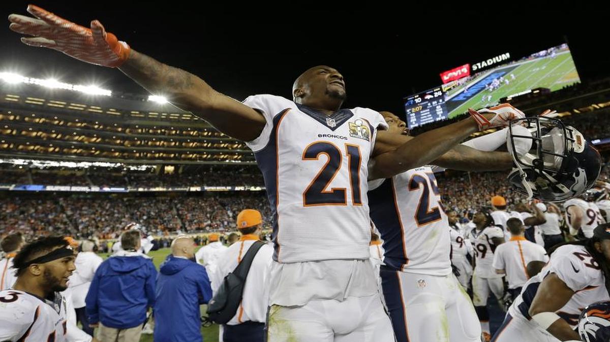 Former Kansas cornerback Aqib Talib celebrated after the Denver Broncos beat the Carolina Panthers 24-10 on Sunday in Super Boewl 50. Talib and another former Jayhawk, Chris Harris Jr., contributed to the Broncos’ third NFL title as part of a defense that harassed league MVP Cam Newton all game.