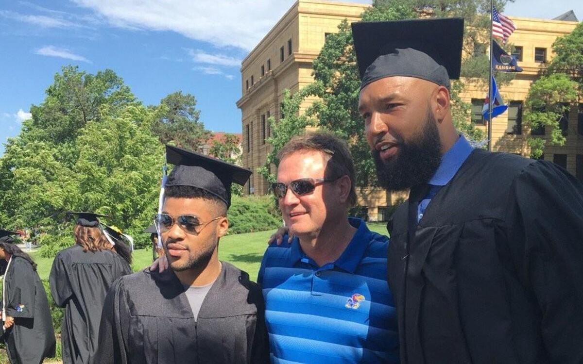 KU basketball coach Bill Self joined Frank Mason (left) and Drew Gooden at commencement ceremonies Sunday in Lawrence.