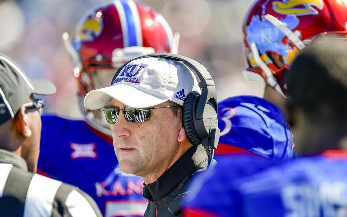 Kansas football coach David Beaty talked to officials during the second half a game on Saturday, Oct. 8, 2016, at Memorial Stadium in Lawrence.