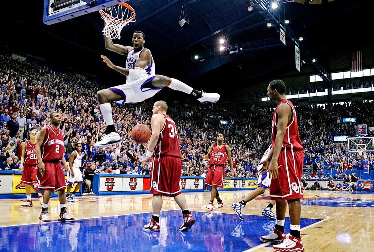 Feb. 5, 2006. Kansas’ Julian Wright and the Allen Fieldhouse crowd were pumped up after Wright dunked over the Sooners in the second half. Wright finished with 14 points and led the Jayhawks with eight rebounds in the 59-58 win over the Sooners.