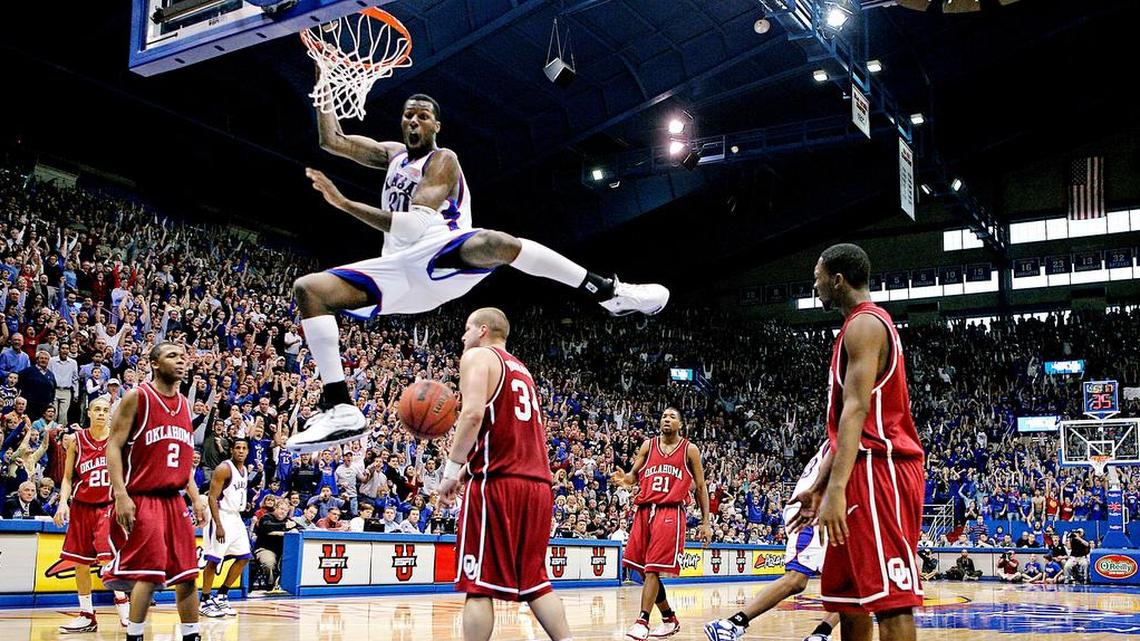 Feb. 5, 2006. Kansas’ Julian Wright and the Allen Fieldhouse crowd were pumped up after Wright dunked over the Sooners in the second half. Wright finished with 14 points and led the Jayhawks with eight rebounds in the 59-58 win over the Sooners.