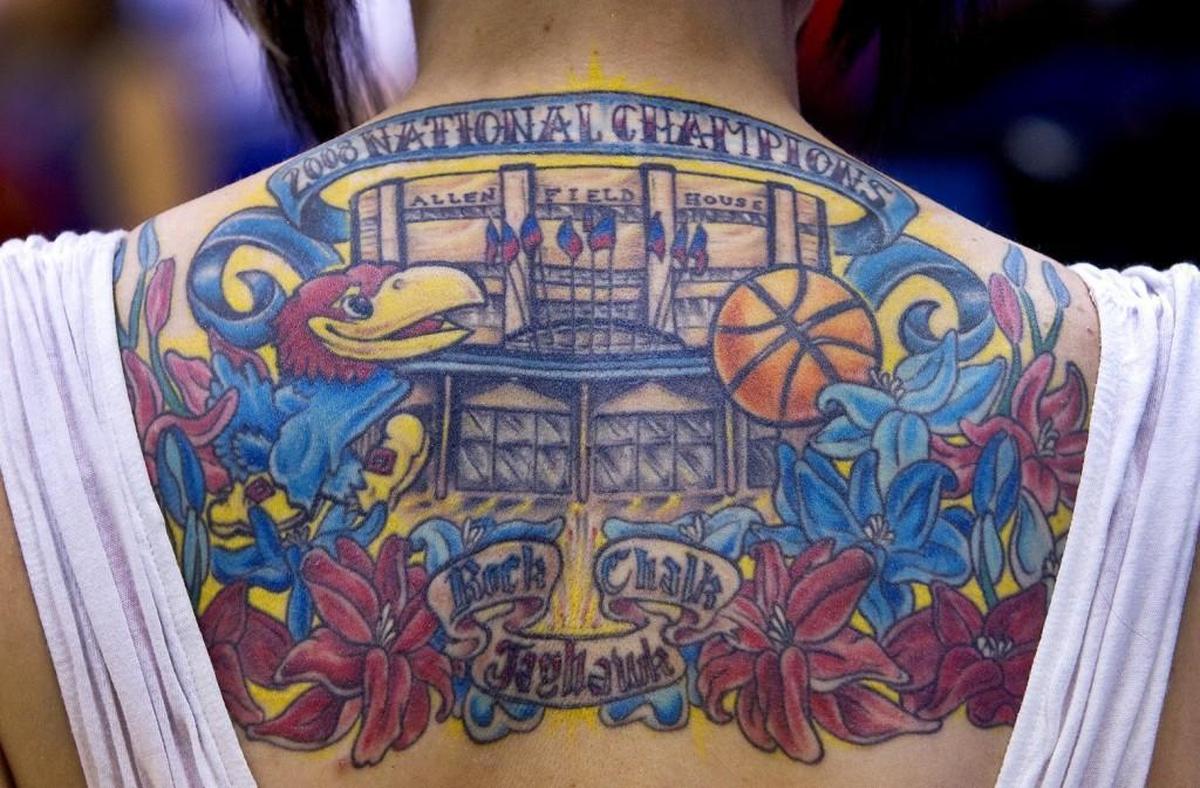 When ESPN’s College Gameday came to Allen Fieldhouse in 2011, Kat Steward of Wichita showed off her Rock Chalk Jayhawk tattoo. Stewart said it took 18 hours over two years to complete.