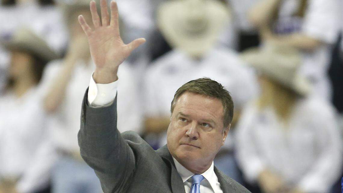 Bill Self acknowledges the fans before a KU basketball game.