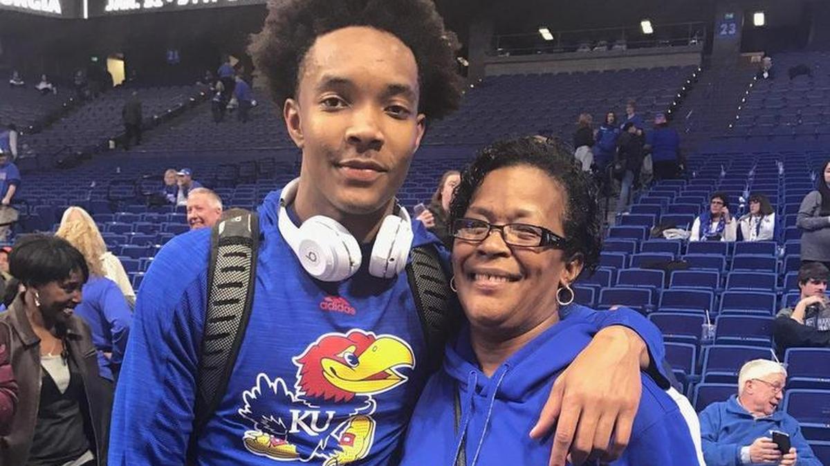 Kansas Jayhawks guard Devonté Graham (left) and grandmother Doris King