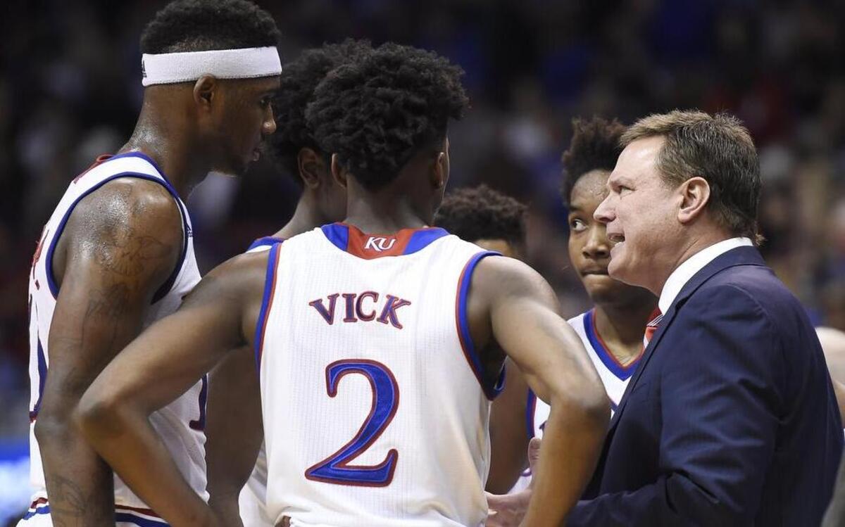 Kansas coach Bill Self talks to his team during the second half of a game at Allen Fieldhouse. KU beat Texas Tech 85-68.