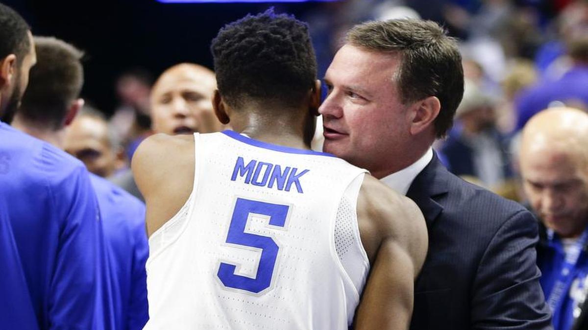 Kansas head coach Bill Self speaks with Kentucky guard Malik Monk (5) after a 79-73 win for the visiting Jayhawks on Saturday, Jan. 28, 2017, at Rupp Arena in Lexington, Ky.