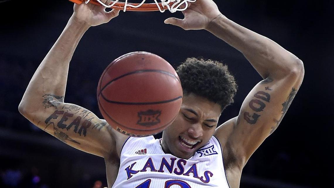 KU’s Kelly Oubre put an exclamation point on his game-high 25 points with this two-handed throwdown late in the Jayhawks’ 64-59 win over TCU on March 12, 2015 at the Big 12 Tournament at the Sprint Center.