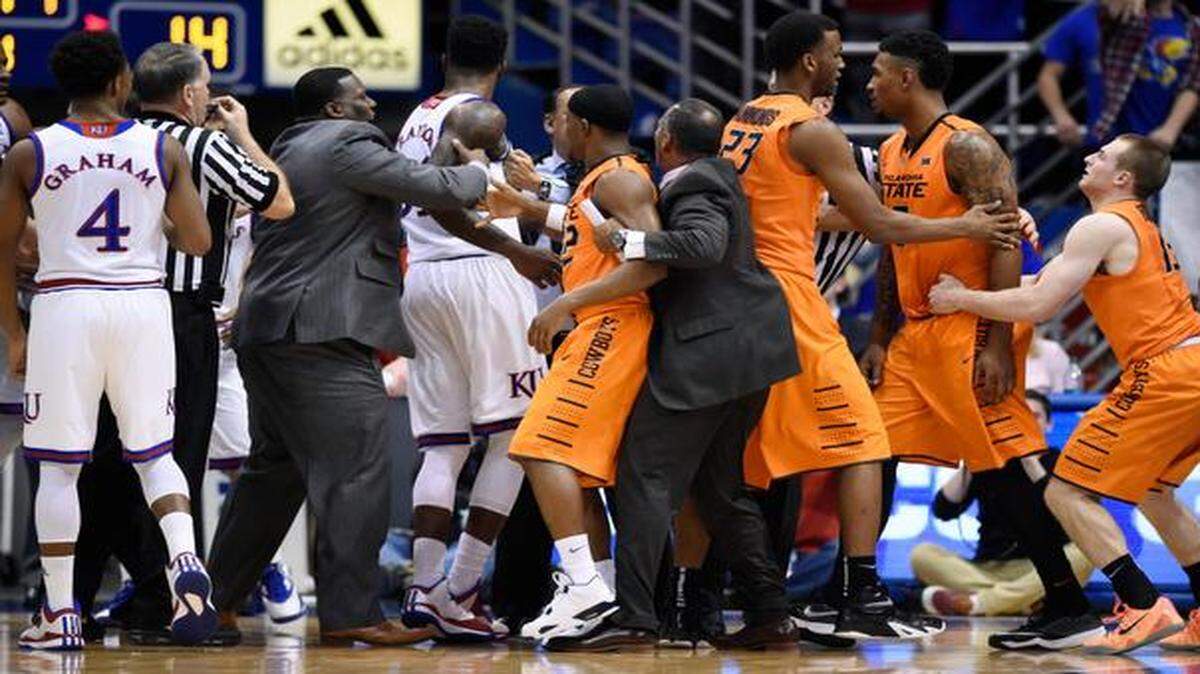 
Coaches and officials separated Kansas and Oklahoma State players after a skirmish broke out in the first half of Tuesday night’s game at Allen Fieldhouse in Lawrence.

