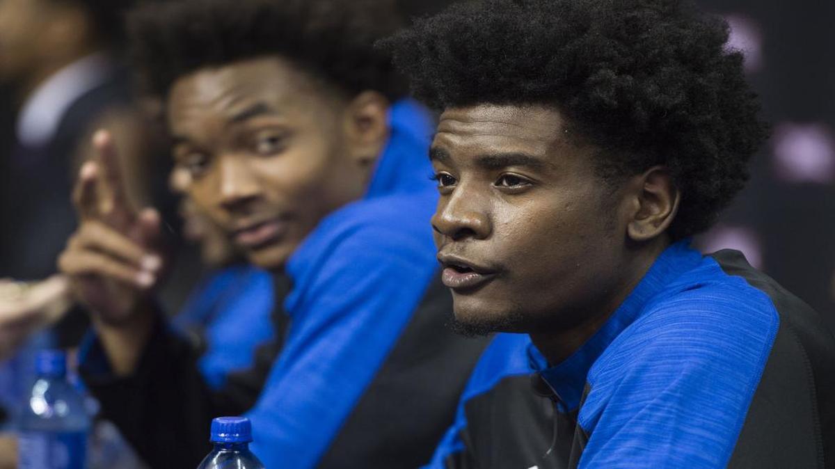 Kansas guard Josh Jackson (right) was the only freshman from the 10 Big 12 teams to appear at basketball media day Tuesday at the Sprint Center.