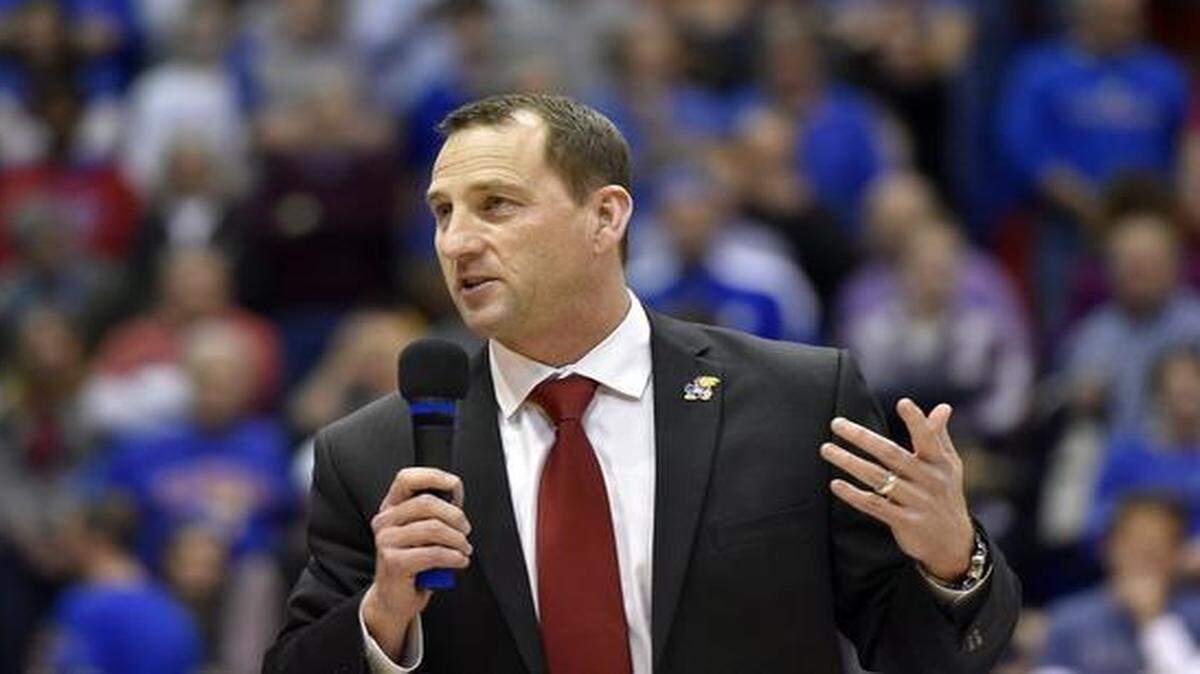 
David Beaty was introduced as the new Kansas football coach at halftime of the Jayhawks basketball game against Florida last year.
