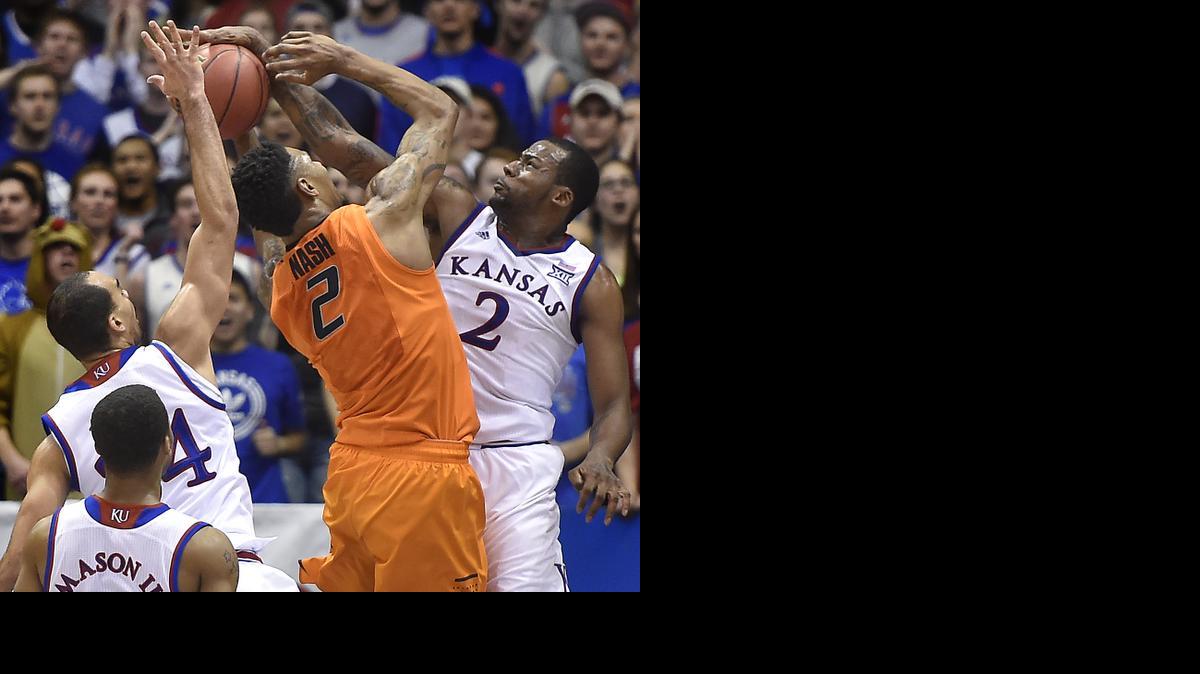 
KU's Cliff Alexander (right) blocked a shot by Oklahoma State’s Le'Bryan Nash during the first half of Tuesday night's 67-57 Jayhawks victory.


