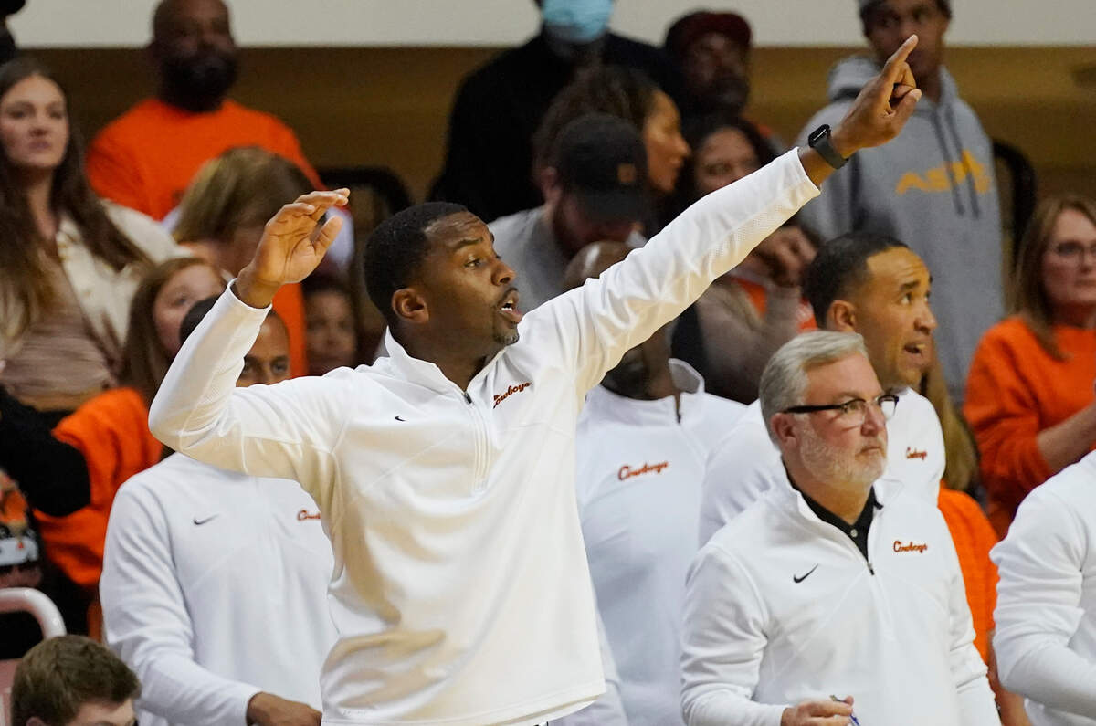 Oklahoma State head coach Mike Boynton Jr. gestures in the second half of a game against Cleveland State, Monday, Dec. 13, 2021, in Stillwater, Okla.
