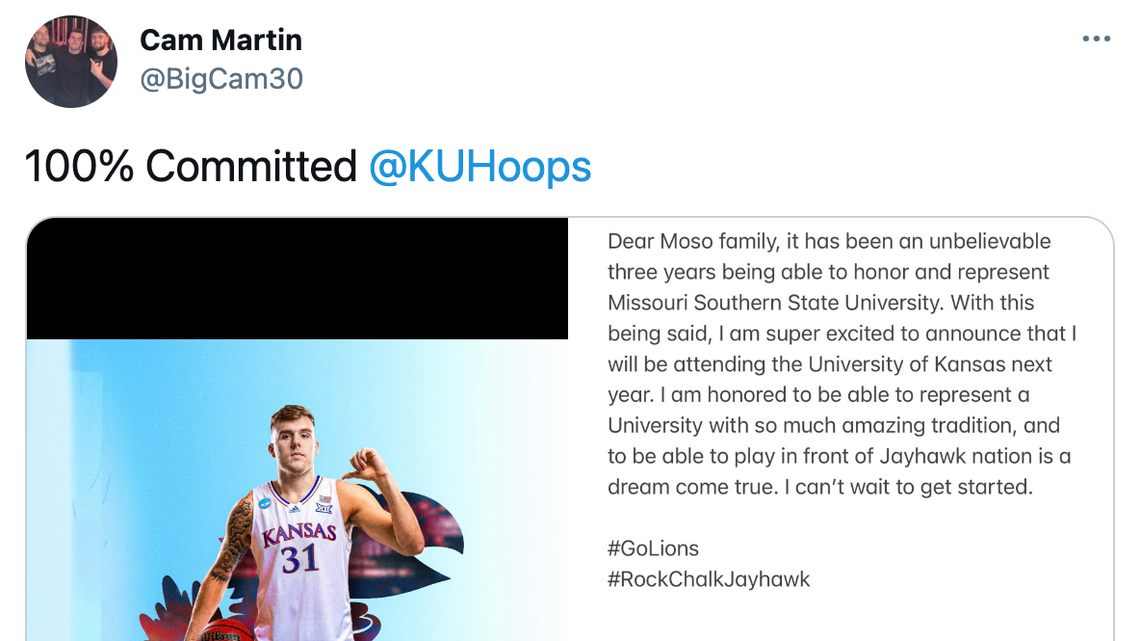 Missouri Southern player Cam Martin announced his commitment to Kansas on Twitter.