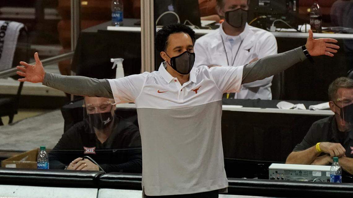 Texas head coach Shaka Smart directs his team against Oklahoma State during the first half of a college basketball game in Austin, Texas, Sunday, Dec. 20, 2020.