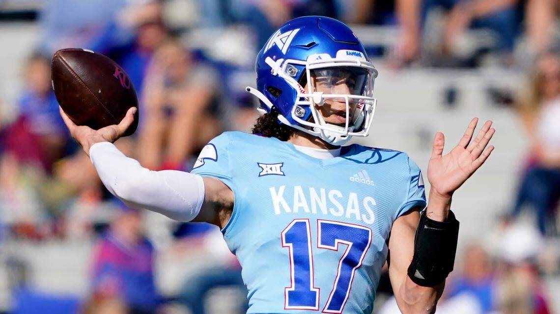 Kansas quarterback Jason Bean looks to pass against Texas Tech during in first quarter of a game Saturday, Oct. 16, 2021, in Lawrence, Kan.