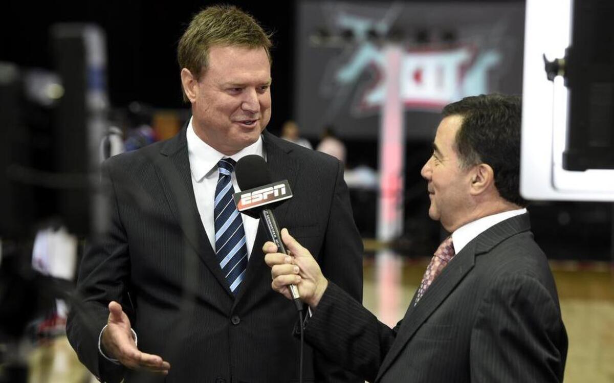 Kansas basketball coach Bill Self talked with ESPN analyst Fran Fraschilla about the upcoming season during Big 12 Conference Media Days at the Sprint Center in 2015.
