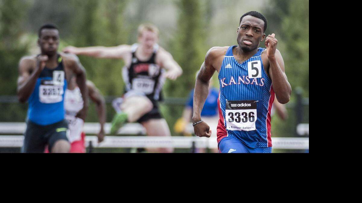 
Kansas’ Michael Stigler (right) ran away from the pack in the last heat of the 400-meter hurdles at the Kansas Relays on Friday at Rock Chalk Park in Lawrence.
