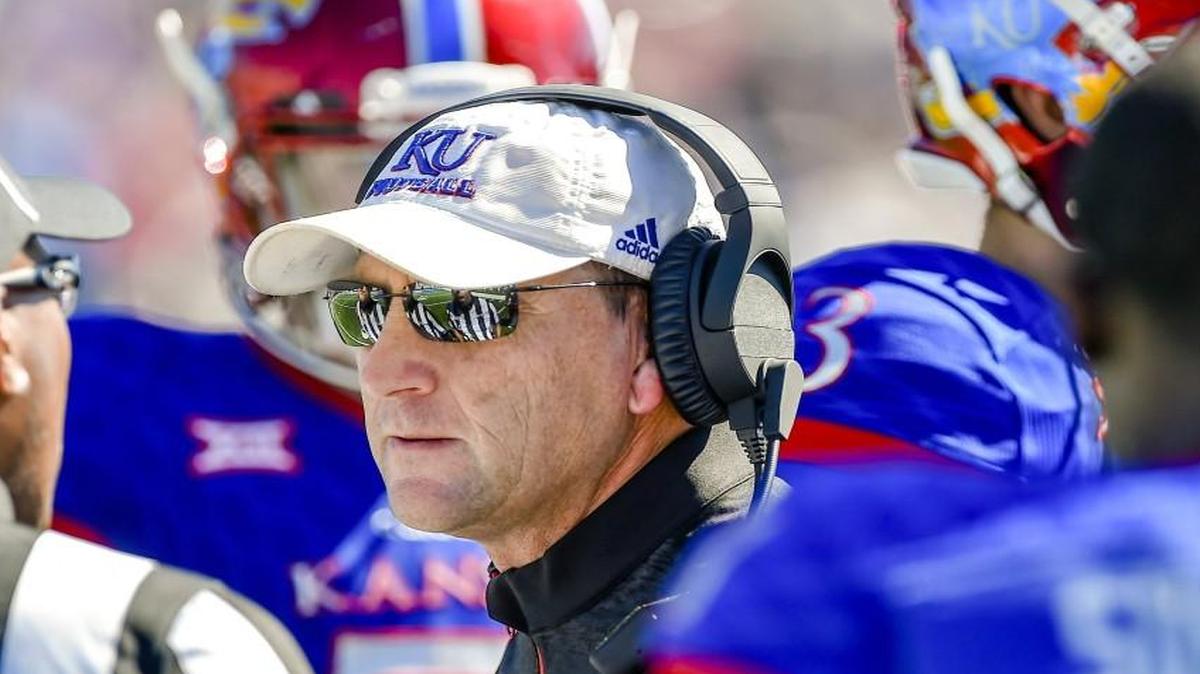 Kansas Jayhawks head coach David Beaty talked to officials during the second half of Saturday’s game.