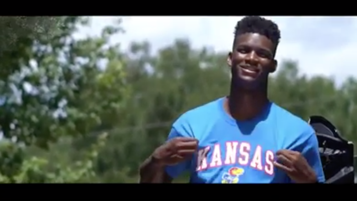 Recruit K.J. Adams commits to Kansas in this screenshot from a video posted to KVUE’s TV station in Austin, Texas on July 31, 2020.
