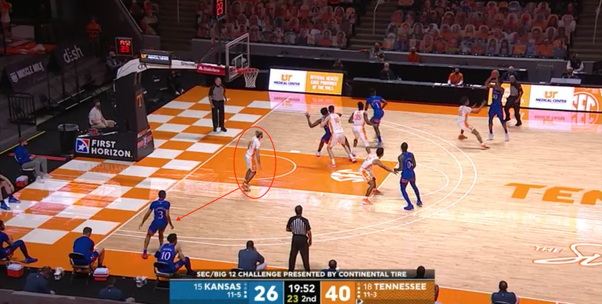 Tennessee’s defenders played Kansas guard Dajuan Harris as a non-shooter while sagging near the basket.