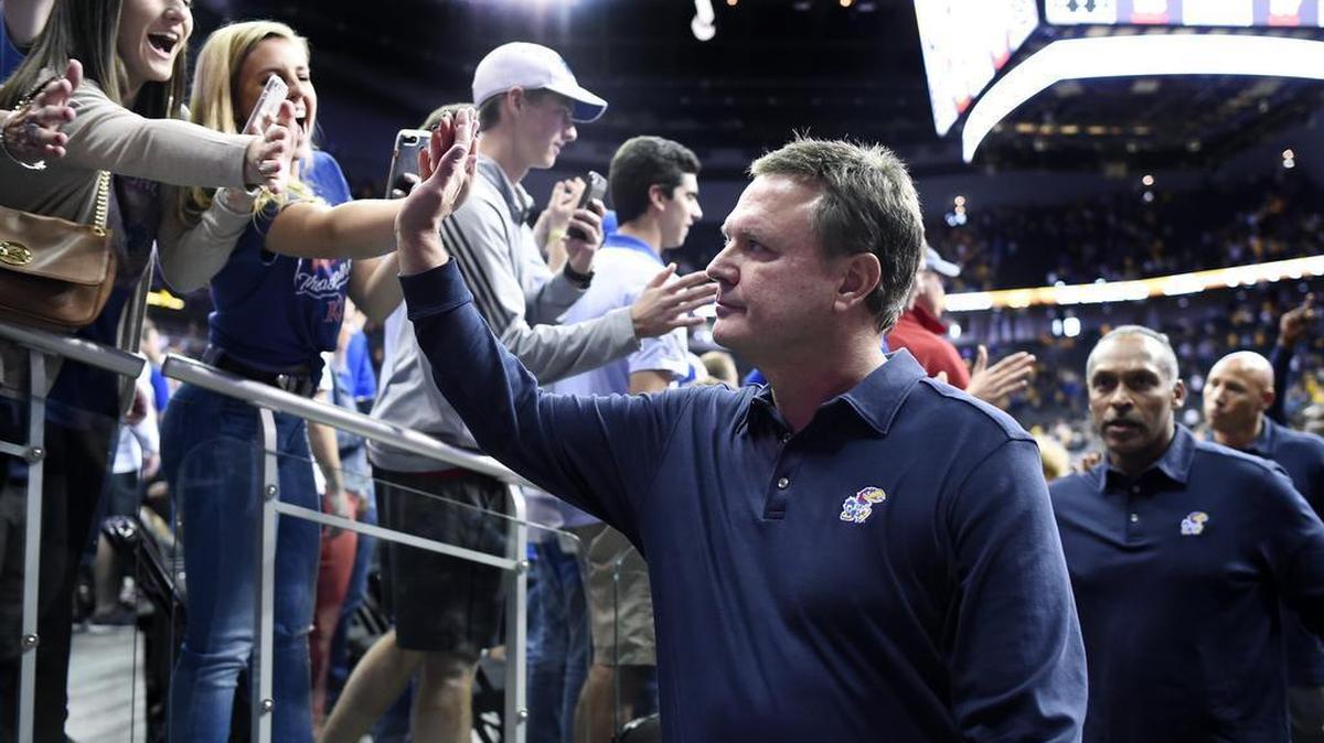 Kansas coach Bill Self led the Jayhawks’ coaching staff off the floor after a 93-87 exhibition victory over Missouri on Oct. 22, 2017 at the Sprint Center.