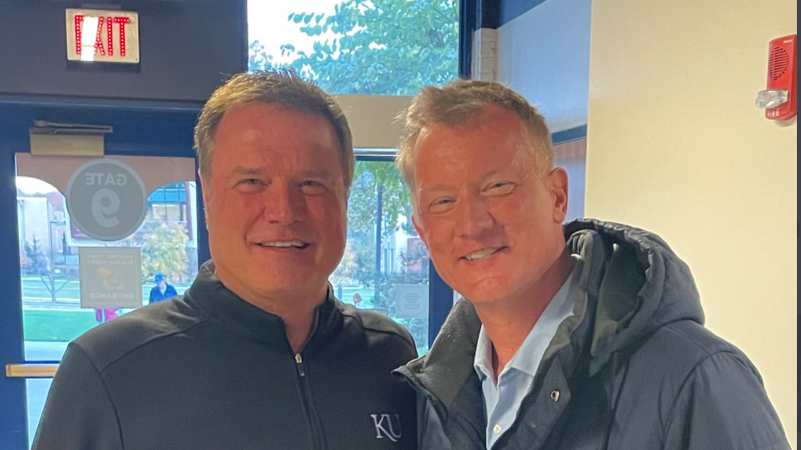 Kansas basketball coach Bill Self, left, poses for a photo with former Graceland coach Frank Howell before KU’s exhibition game against Emporia State on Nov. 3, 2021. Howell was recently diagnosed with brain cancer.