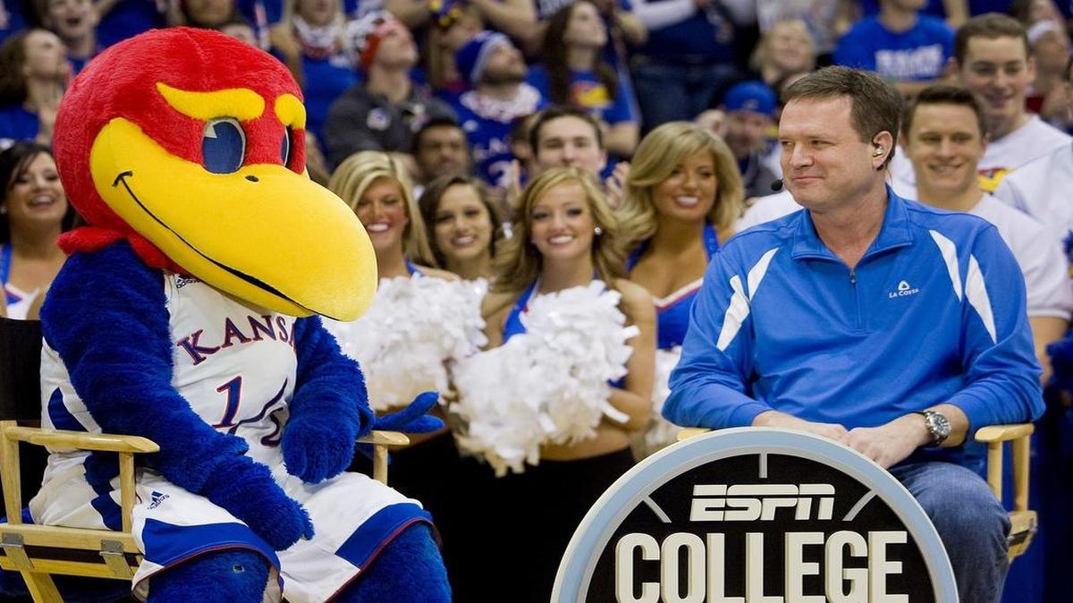 Kansas coach Bill Self and the Baby Jay mascot appeared on ESPN “College GameDay” in 2011.