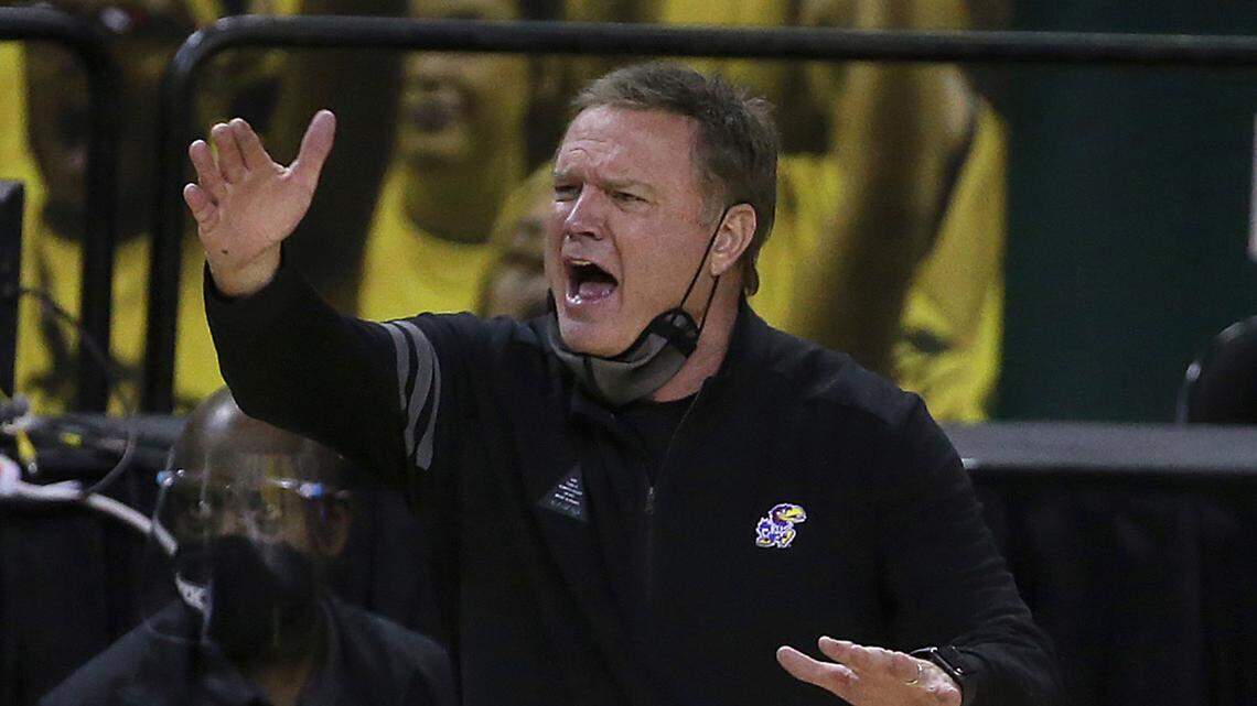 Kansas head coach Bill Self calls a play to his team in the second half of a college basketball game against Baylor, Monday, Jan. 18, 2021, in Waco, Texas.