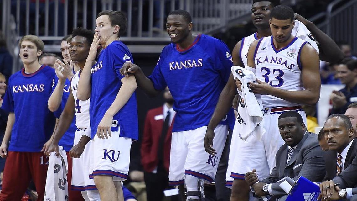 The KU bench reacts to a Josh Jackson dunk during the first half of the Jayhawks’ CBE Classic semifinal game at the Sprint Center earlier this season.