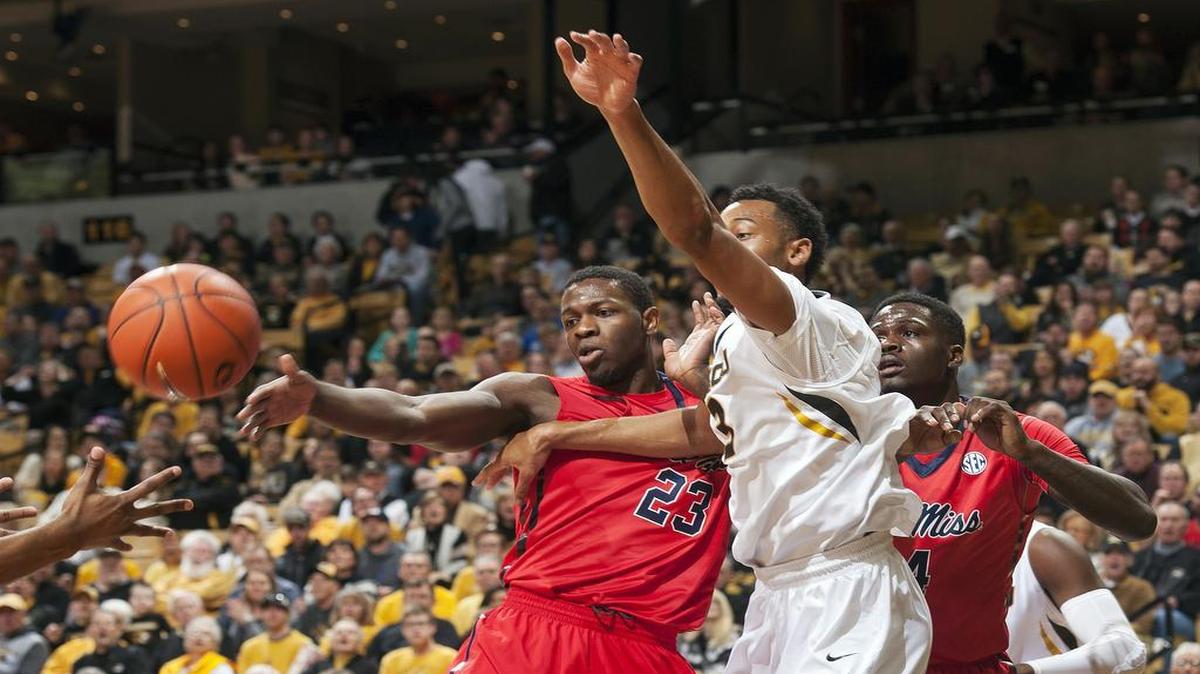 
Mississippi's Dwight Coleby (left) battled Missouri's Johnathan Williams III for a rebound on Jan. 31 in Columbia.
