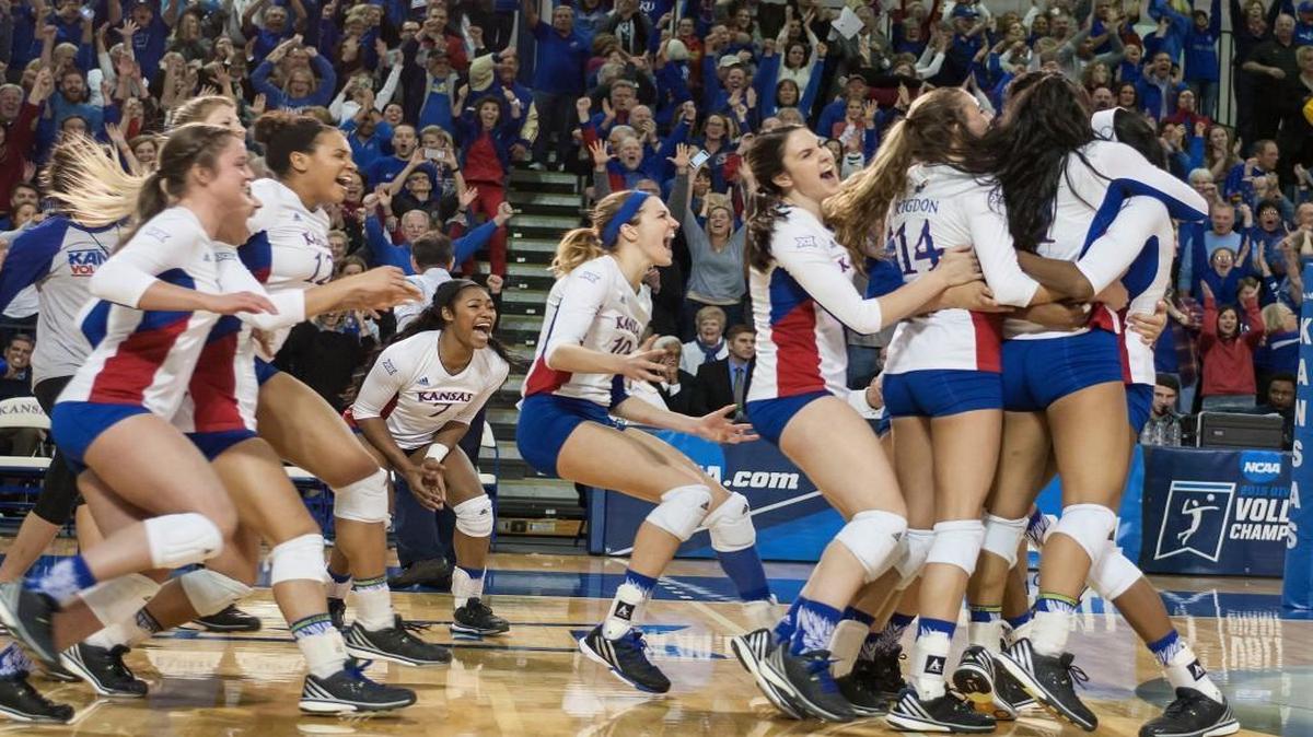 Kansas celebrates its win over former rival Missouri at the Horejsi Family Athletic Center in Lawrence Friday night.