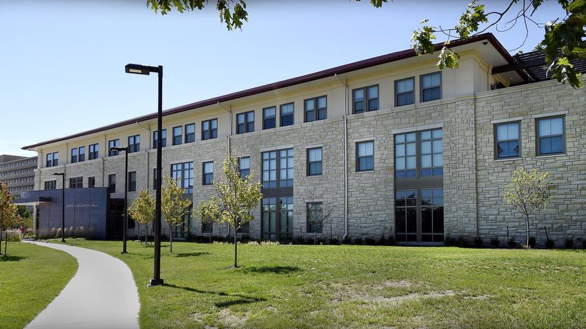 McCarthy Hall is just to the south of Allen Fieldhouse on the University of Kansas campus in Lawrence.