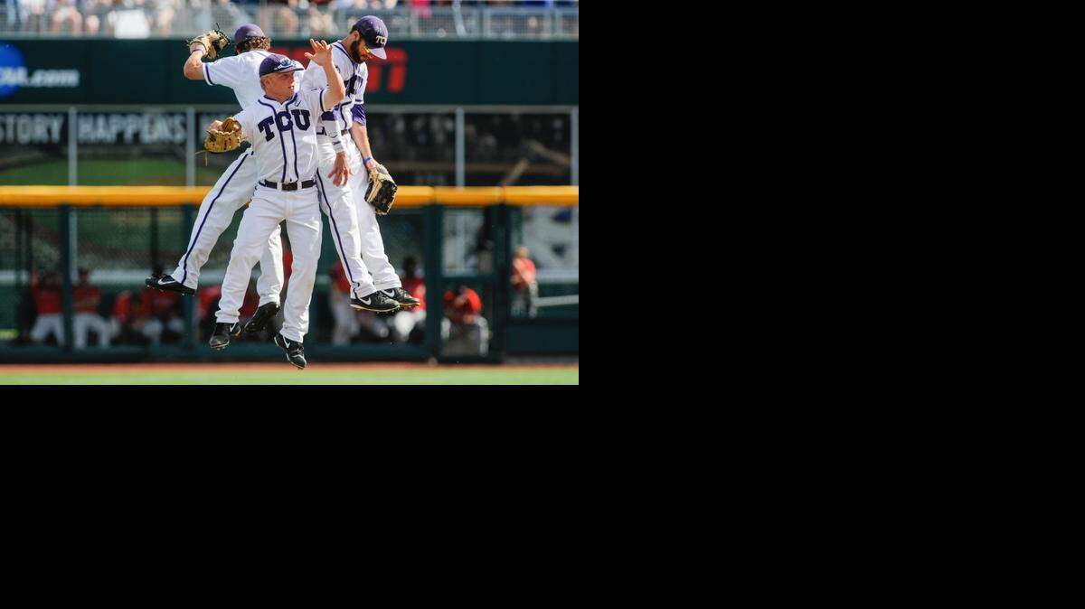 
TCU players (from left) Cody Jones, Boomer White and Dylan Fitzgerald celebrated their 3-2 win over Texas Tech in the College World Series on Sunday in Omaha, Neb.
