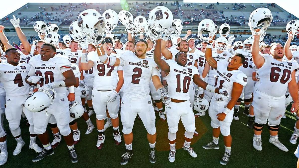 
Missouri State linebacker Sean Bernard (2), cornerback Eric Phillips (10) and the rest of the team celebrated after beating Chadron State 21-13 on Saturday in Springfield. It was Dave Steckel’s first win as Missouri State’s head coach.
