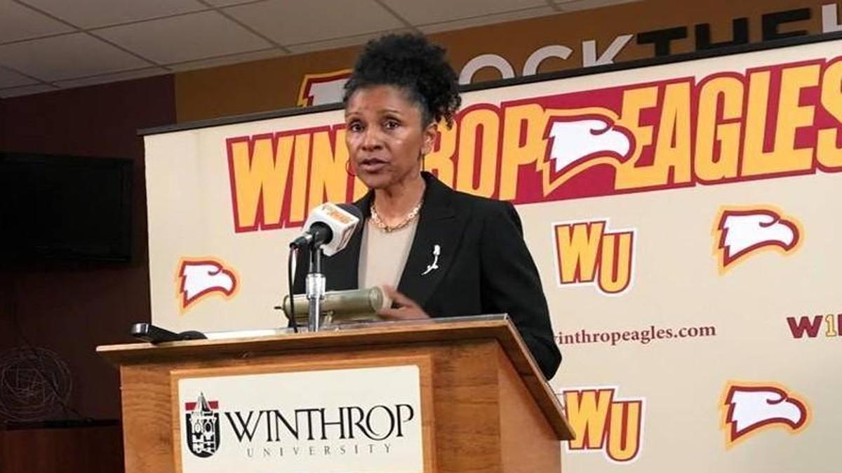 Lynette Woodard speaks Tuesday after being introduced as women’s basketball coach at Winthrop University.