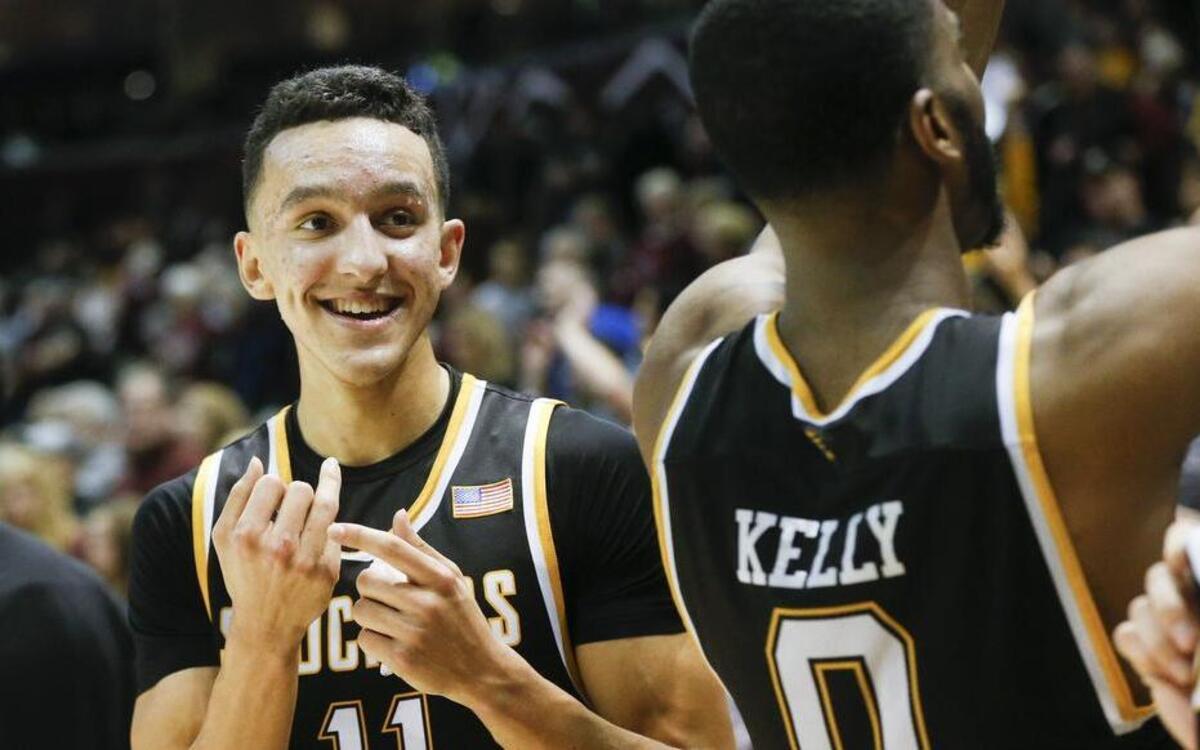 Wichita State’s Landry Shamet pointed to his ring finger after the Shockers clinched a share of the Missouri Valley Conference title by defeating Missouri State.