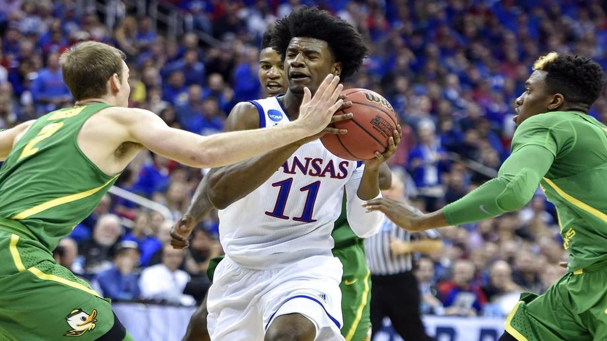 Freshman Josh Jackson (center) is likely a one-and-done player for Kansas, and Jackson and the Jayhawks’ run at this season’s Final Four came to end in a loss to Oregon last Saturday at Sprint Center.