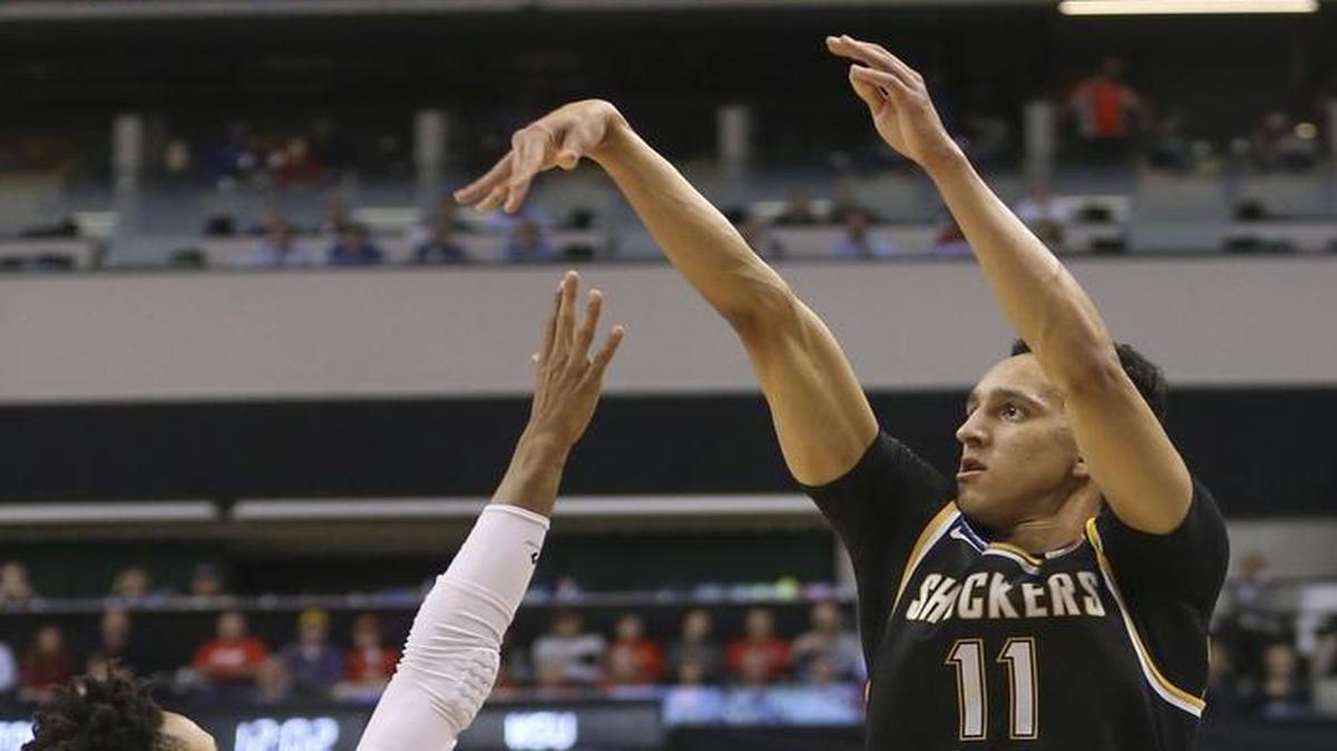 Landry Shamet shoots against Dayton on Friday night in Wichita State’s first-round win. “He sees how it fits into his game and into the game of basketball and into our system as well as anybody we’ve ever had here,” WSU assistant coach Greg Heiar said.