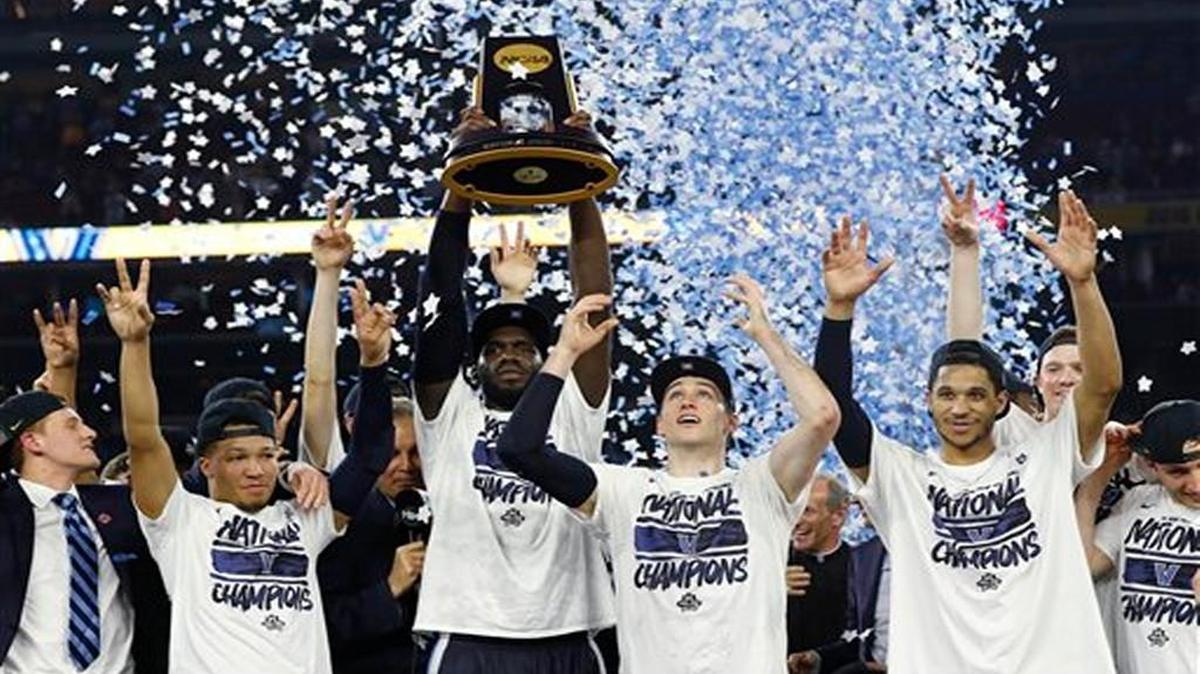 Villanova players celebrate after the NCAA Final Four tournament college basketball championship game Monday against North Carolina in Houston. Villanova won 77-74.