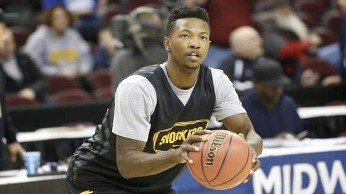 
Wichita State forward Zach Brown shoots during practice Wednesday at QuickenLoans Arena in Cleveland. 
