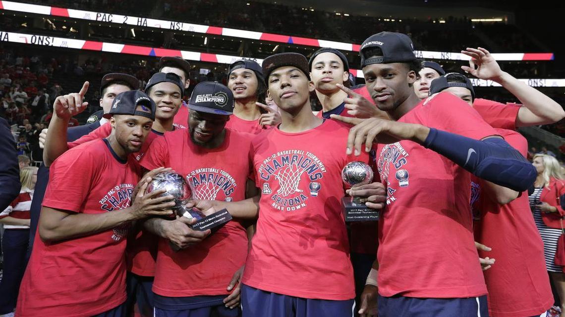 Allonzo Trier (second from right) helped Arizona win the Pac-12 Tournament title following his reinstatement from a performance-enhancing drug suspension.