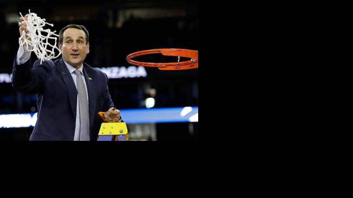
If Duke coach Mike Krzyzewski cuts down the nets again in Indianapolis, as he did after beating Gonzaga (above), he will rank behind only UCLA’s John Wooden with the most titles at five. Wooden has 10.


