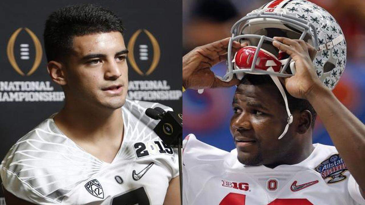 
Oregon’s Marcus Mariota (left) has had an amazing season and captured the Heisman Trophy. Ohio State quarterback Cardale Jones will make his third career start in College Football Playoff championship game. But given what happened in Jones’ starts against Wisconsin and Alabama, the Buckeyes don’t feel as though they have the disadvantage at quarterback.
