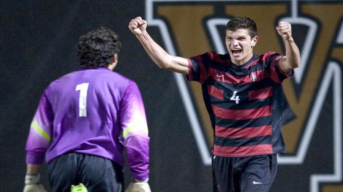 Stanford players Andrew Epstein (left) and Tomas Hilliard-Arce celebrated their victory over Wake Forest on Dec. 5. The victory put Stanford in the NCAA final four for soccer.
