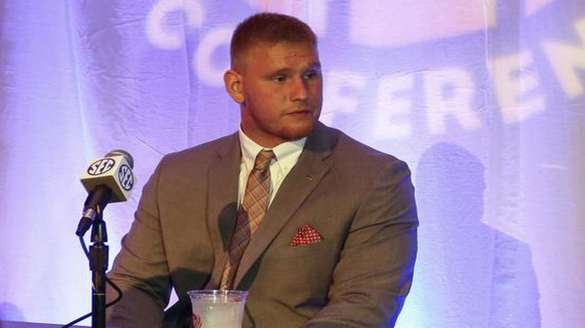Auburn offensive lineman Braden Smith speaks during the Southeastern Conference's annual media gathering, Thursday, July 13, 2017, in Hoover, Ala.