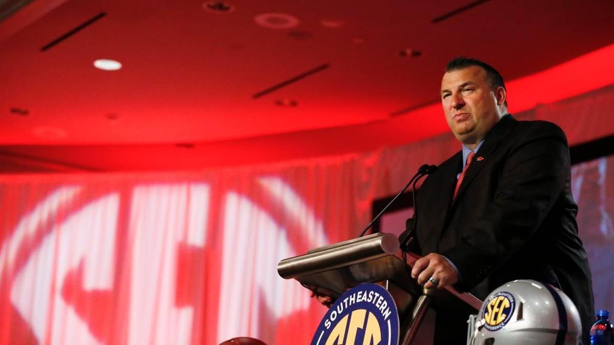 Arkansas coach Bret Bielema showed off his sense of humor Wednesday at the SEC media days event in Hoover, Ala.